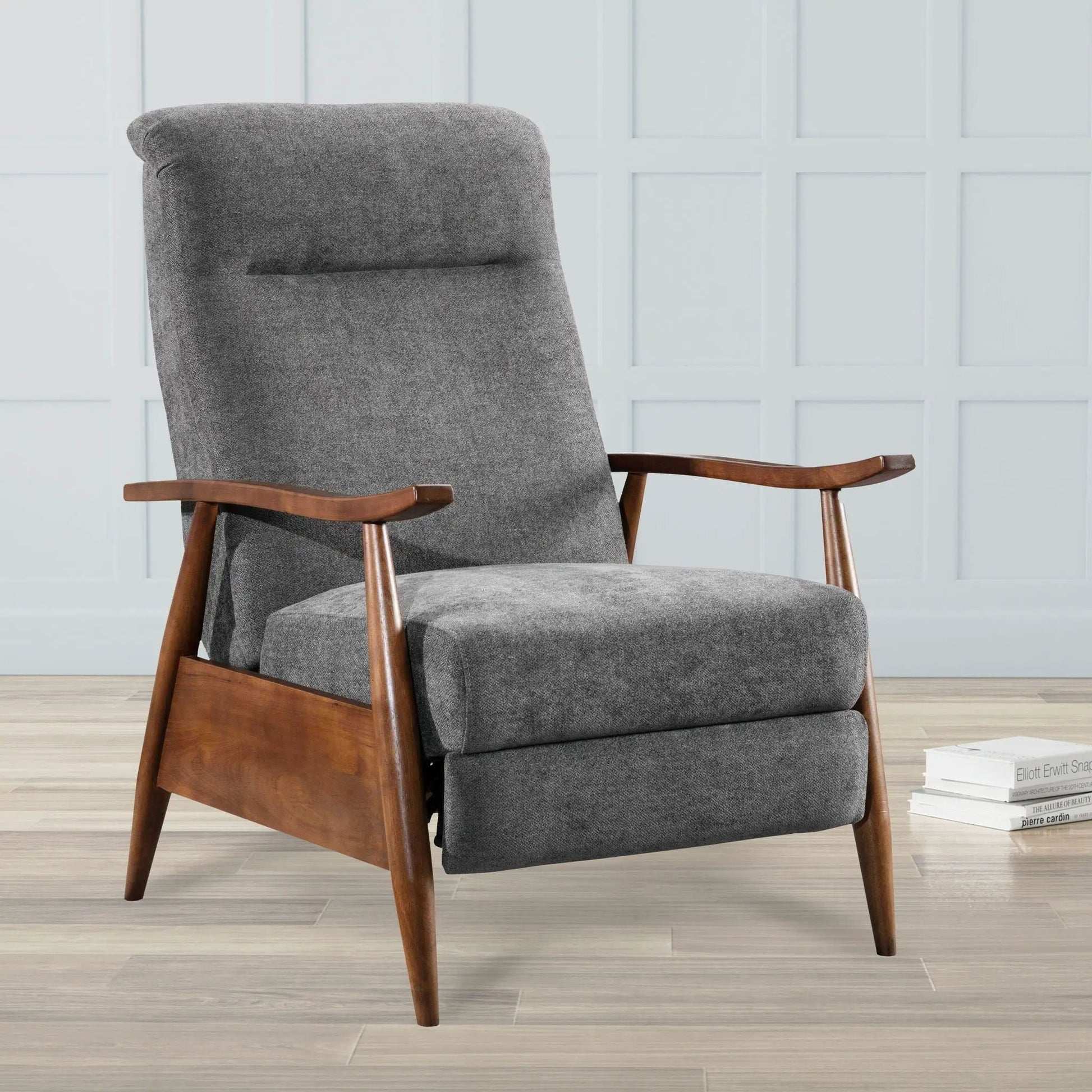 Sarasota Arm Push Back Recliner by Unique Piece Furniture in gray fabric with wooden arms on Tampa Home & Garden Store