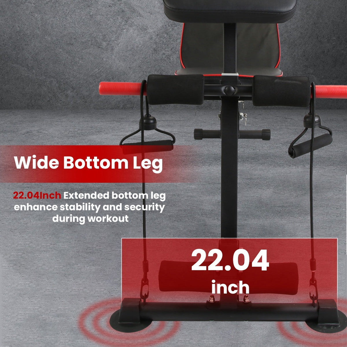 Adjustable weight bench with preacher curl pad and resistance bands, black with red accents on Tampa Home & Garden Store