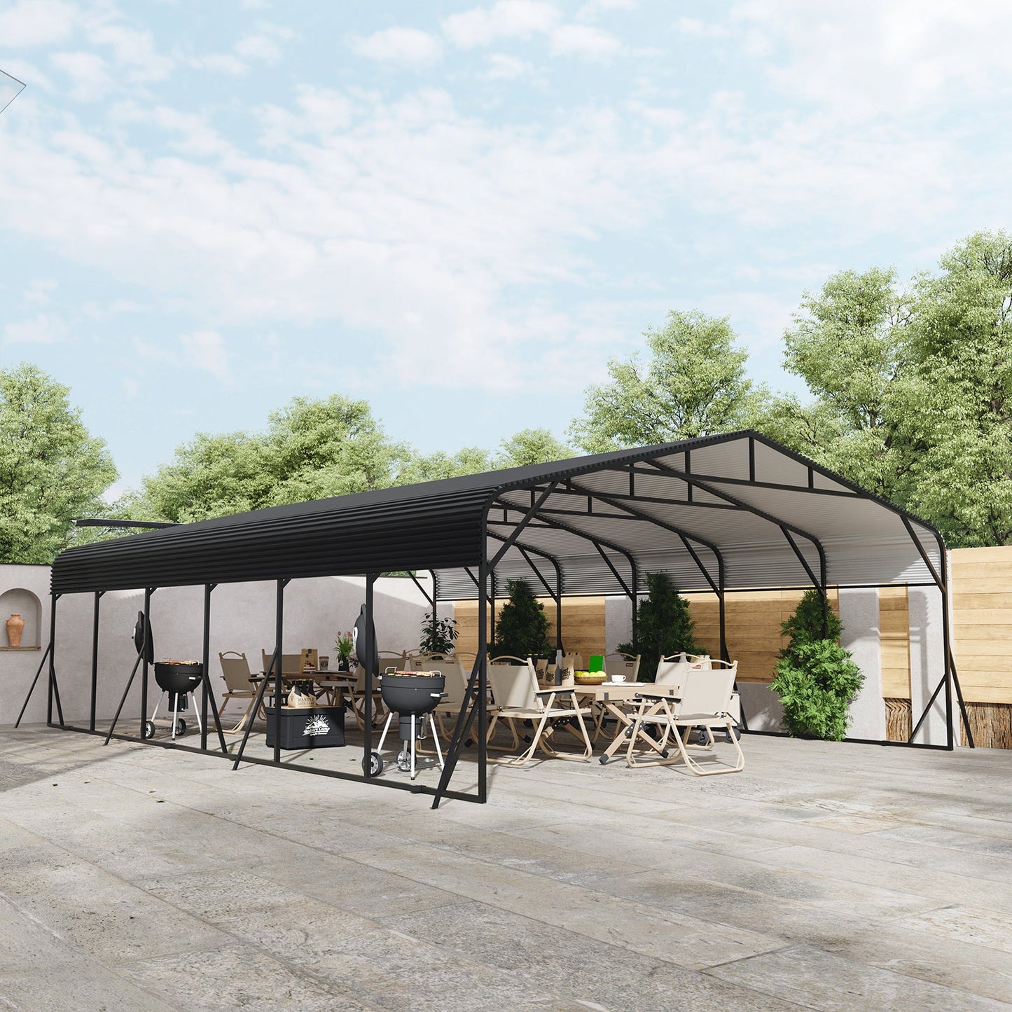Heavy Duty Carport Canopy 20'X30' HouseOfZazla black frame gray roof sheltering patio area on Tampa Home & Garden Store