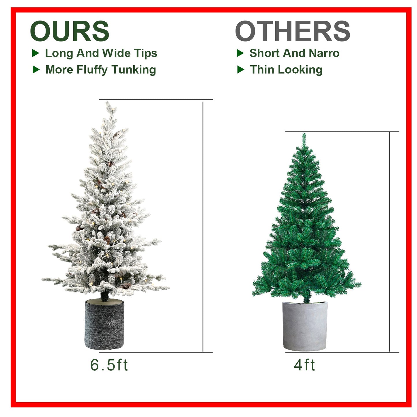 2FT Flocked Christmas Tree with Pot Base; white flocked tree in black pot beside green 4ft tree on Tampa Home & Garden Store