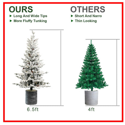 2FT Flocked Christmas Tree with Pot Base; white flocked tree in black pot beside green 4ft tree on Tampa Home & Garden Store