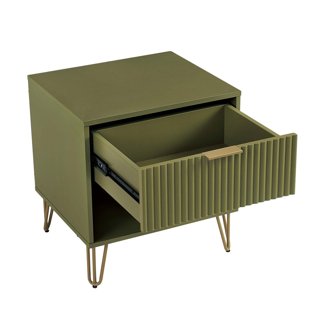 Modern Nightstand olive green with fluted drawer, gold handles, hairpin legs by HouseOfZazla on Tampa Home & Garden Store