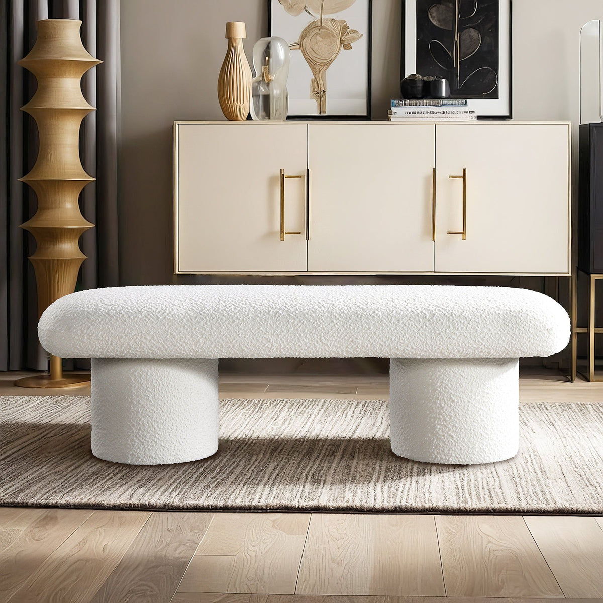 Ivory boucle upholstered bench Randolph with clean lines in front of a beige cabinet on Tampa Home & Garden Store
