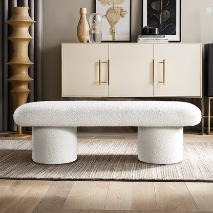 Ivory boucle upholstered bench Randolph with clean lines in front of a beige cabinet on Tampa Home & Garden Store