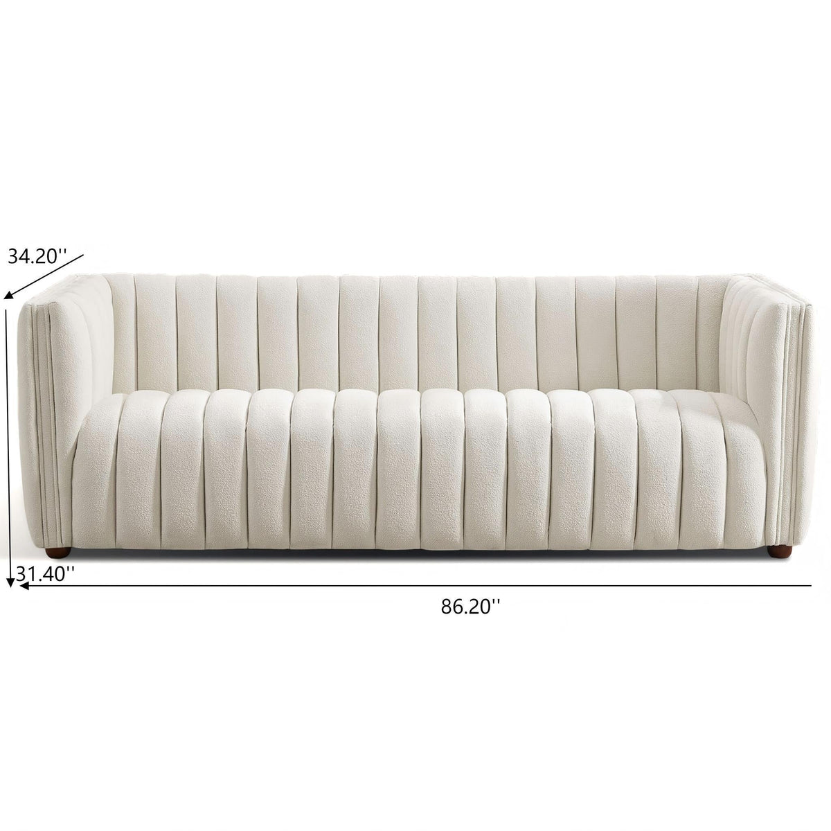 Mid-Century Boucle Sofa by HouseOfZazla with tight beige back, tufting, wooden legs on Tampa Home & Garden Store