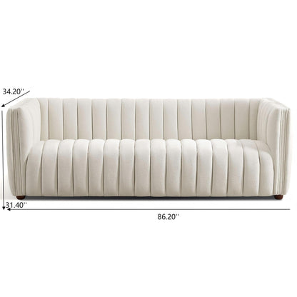 Mid-Century Boucle Sofa by HouseOfZazla with tight beige back, tufting, wooden legs on Tampa Home & Garden Store