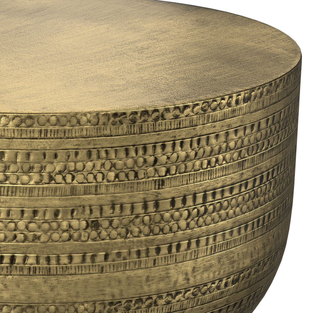 Handcrafted round metal coffee table with textured detailing in brass gold finish HouseOfZazla on Tampa Home & Garden Store