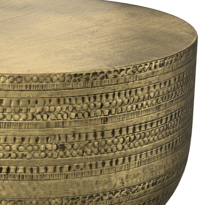 Handcrafted round metal coffee table with textured detailing in brass gold finish HouseOfZazla on Tampa Home & Garden Store