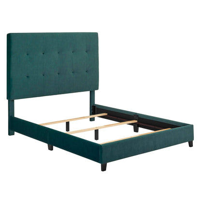 Tufted Upholstered Headboard Platform Bed in teal fabric with square tufting; dark legs on Tampa Home & Garden Store