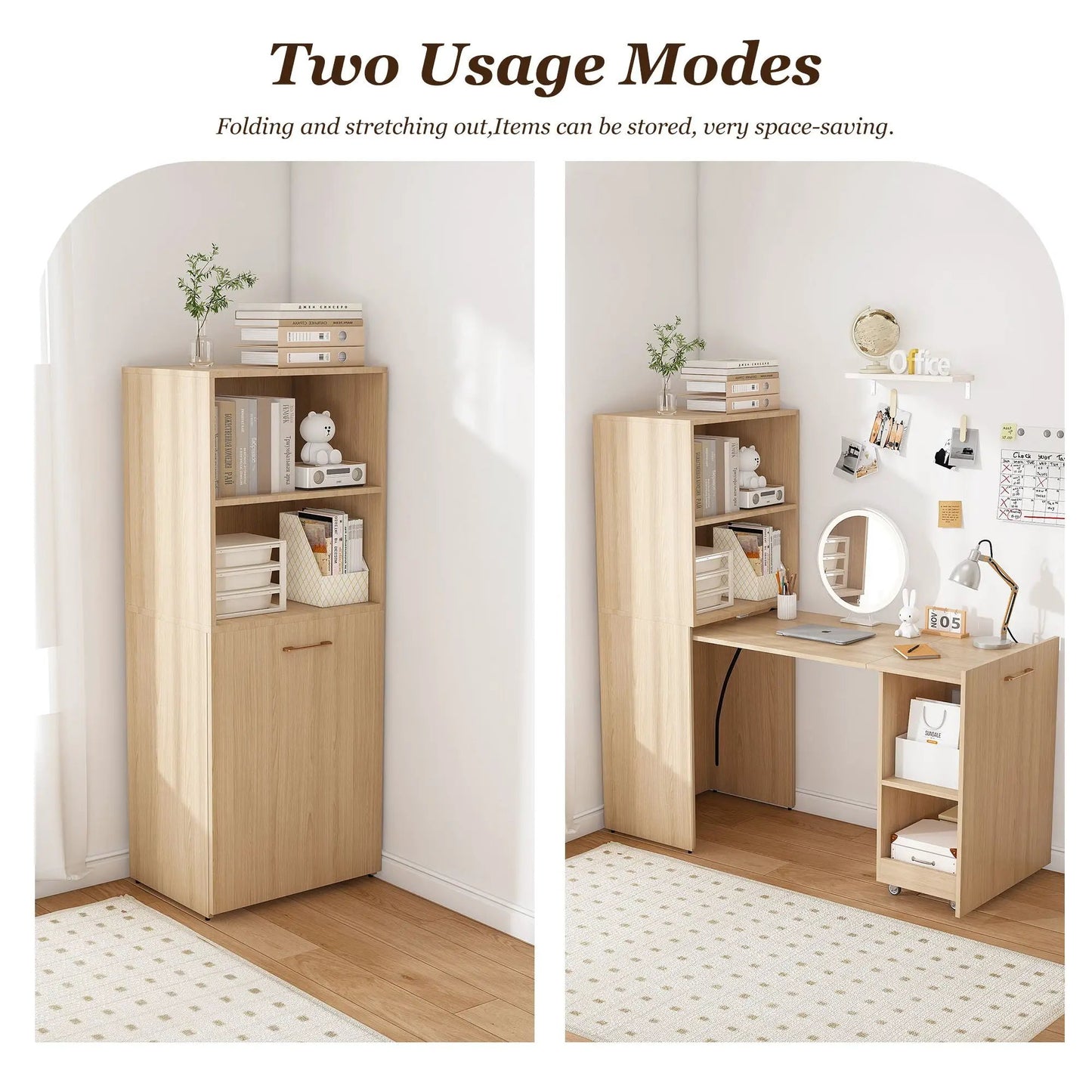Stretchable Office Desk with Shelves and Wheels