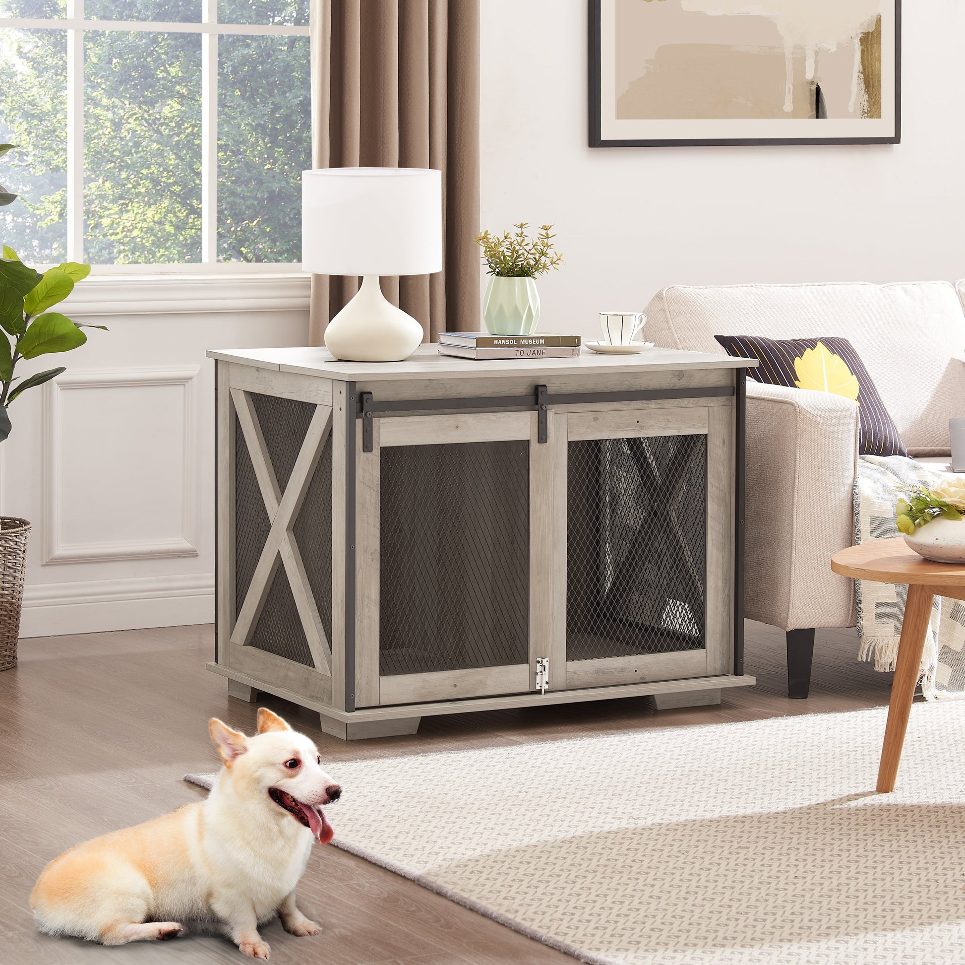 Farmhouse dog crate furniture with sliding barn door in weathered wood and metal mesh on Tampa Home & Garden Store