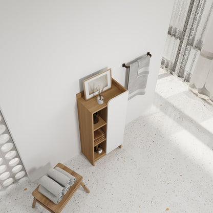 Freestanding bathroom side cabinet, narrow white with light oak 3-tier shelves, single door on Tampa Home & Garden Store