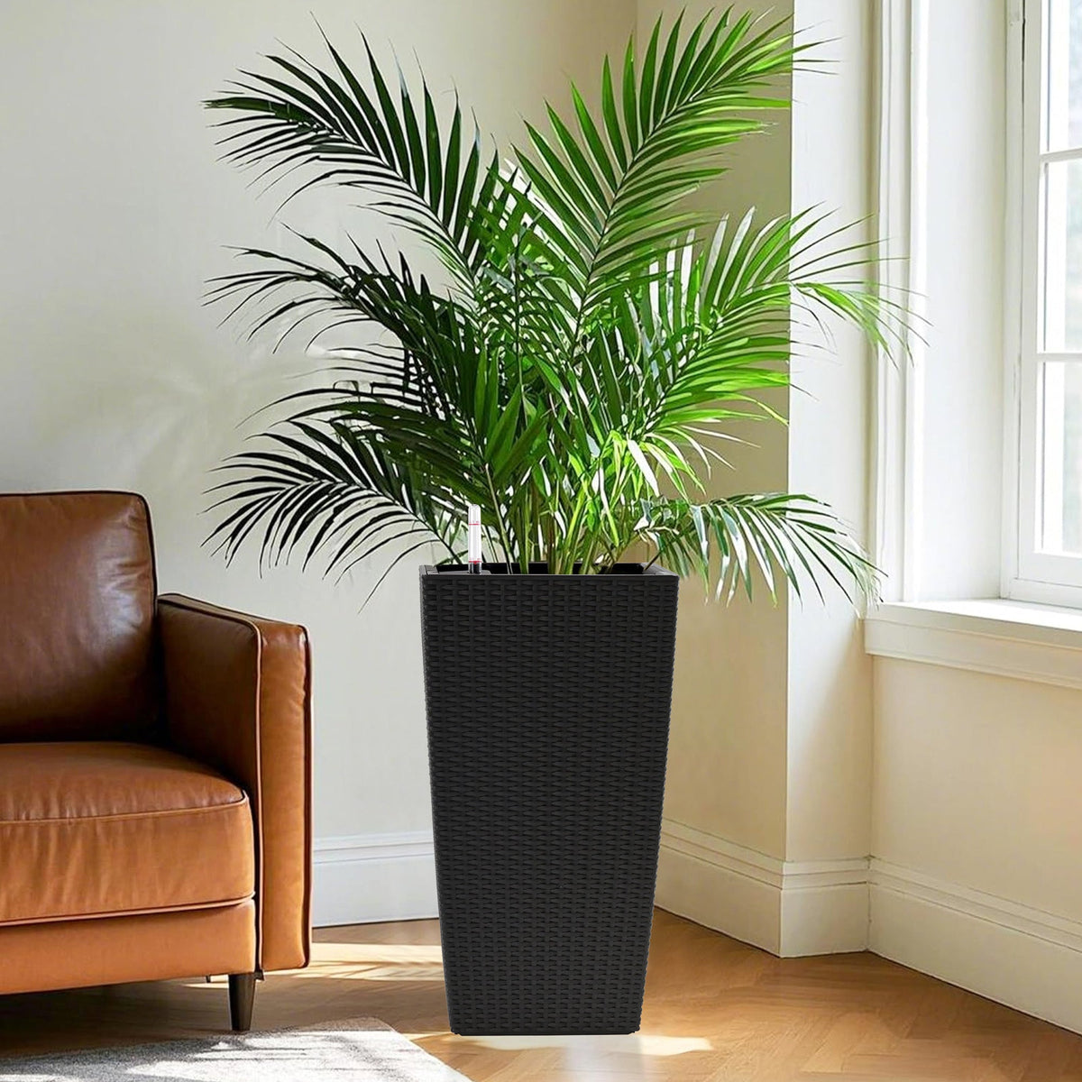 Pack of 2 square black planters with auto watering system, wicker texture for indoors on Tampa Home & Garden Store