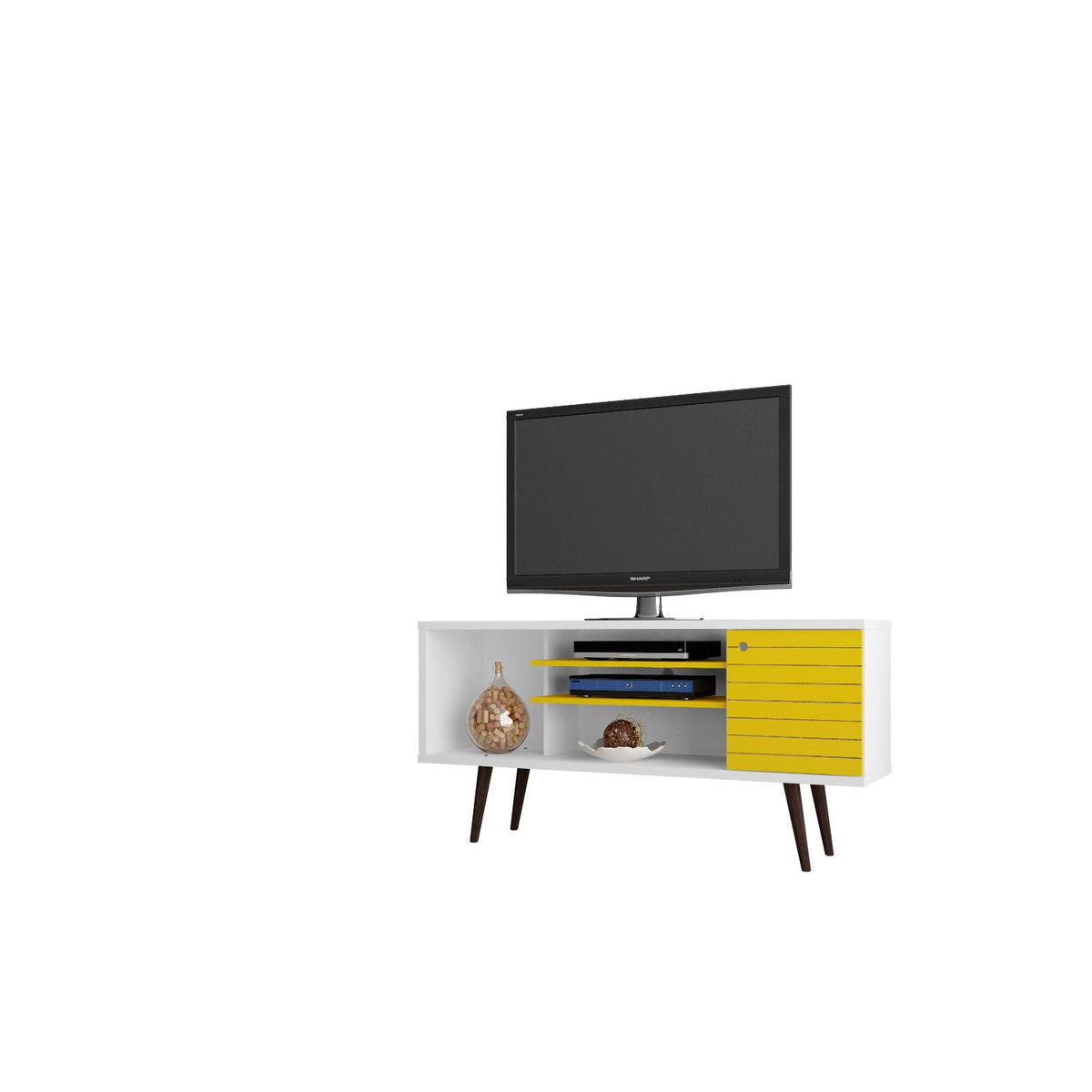 Smart Storage TV Stand by HouseOfZazla, white body with yellow drawers and solid wood legs on Tampa Home & Garden Store