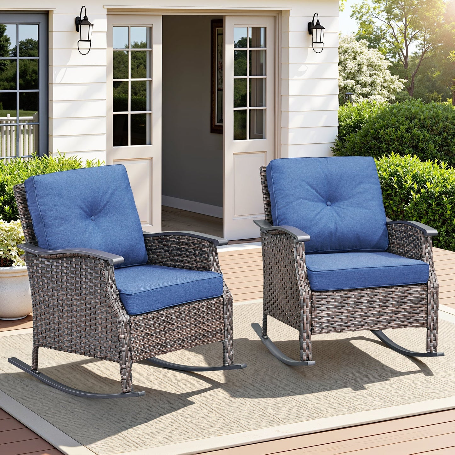 Outdoor Gliding Wicker Chairs Set of 2 with blue cushions in dark PE rattan on Tampa Home & Garden Store