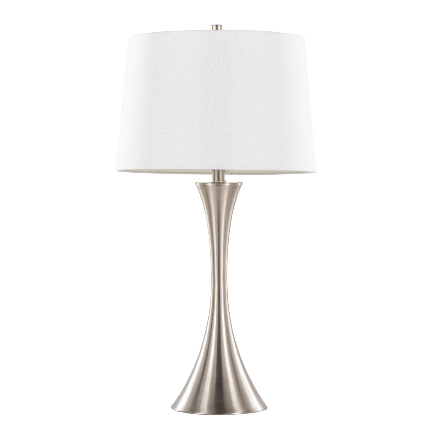 Lenuxe contemporary table lamp with white fabric drum shade and brushed nickel base on Tampa Home & Garden Store