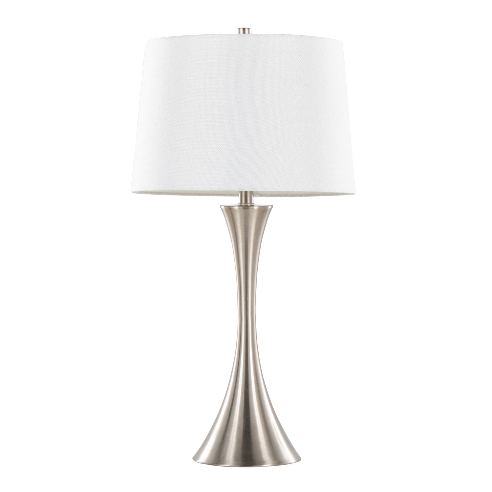 Lenuxe contemporary table lamp with white fabric drum shade and brushed nickel base on Tampa Home & Garden Store
