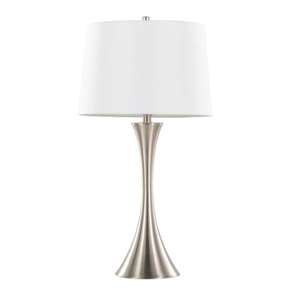 Lenuxe contemporary table lamp with white fabric drum shade and brushed nickel base on Tampa Home & Garden Store