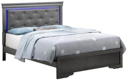 LED Elegant Bed upholstered bed with tufted grey headboard, crystal buttons, blue LED lighting on Tampa Home & Garden Store