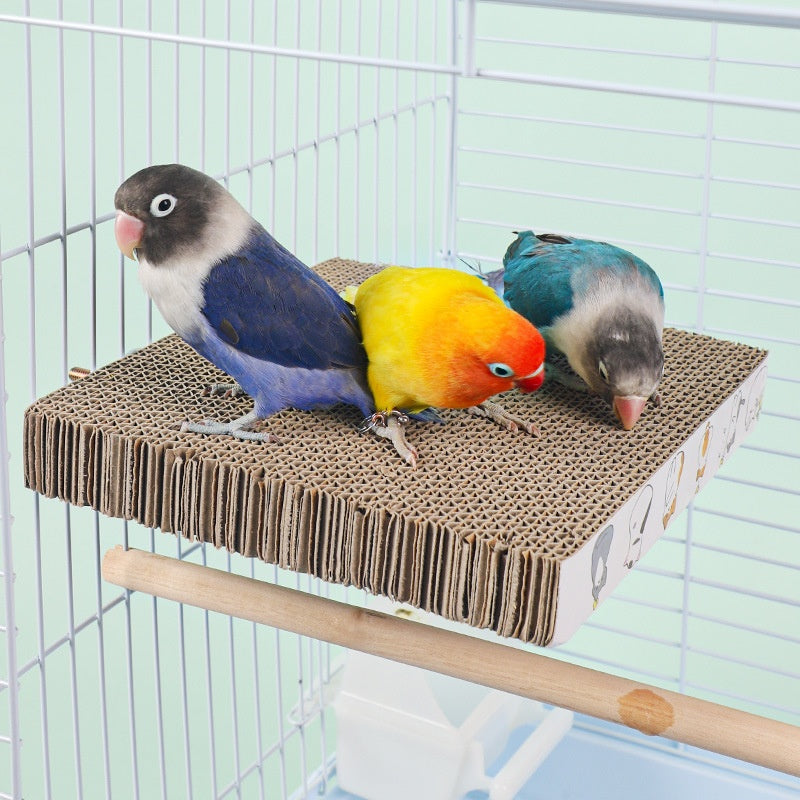 Parrot Toys Chinese Layer Pie Pet Bed cardboard platform with three blue, yellow, teal parrots on Tampa Home & Garden Store