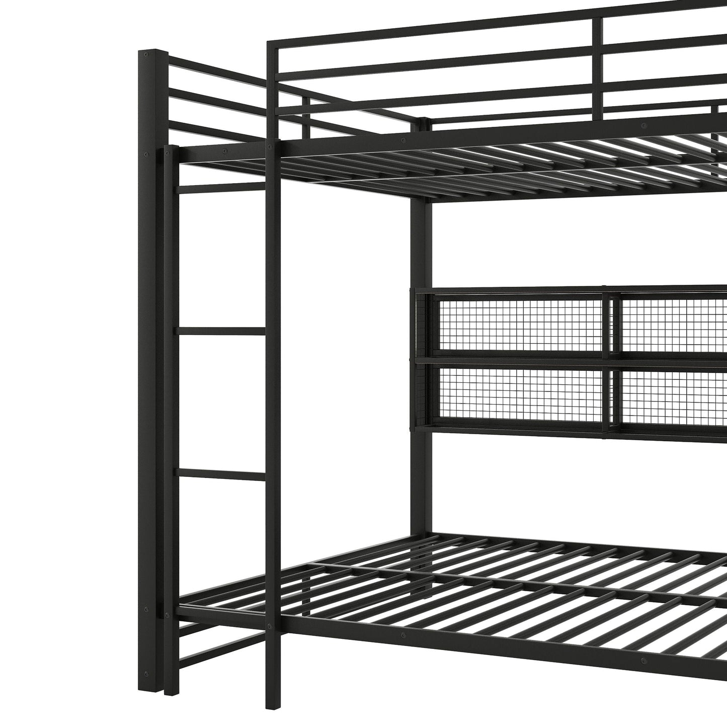 Queen over Queen bunk bed in black metal with ladder, guard rails, six mesh-front storage cabinets on Tampa Home & Garden Store