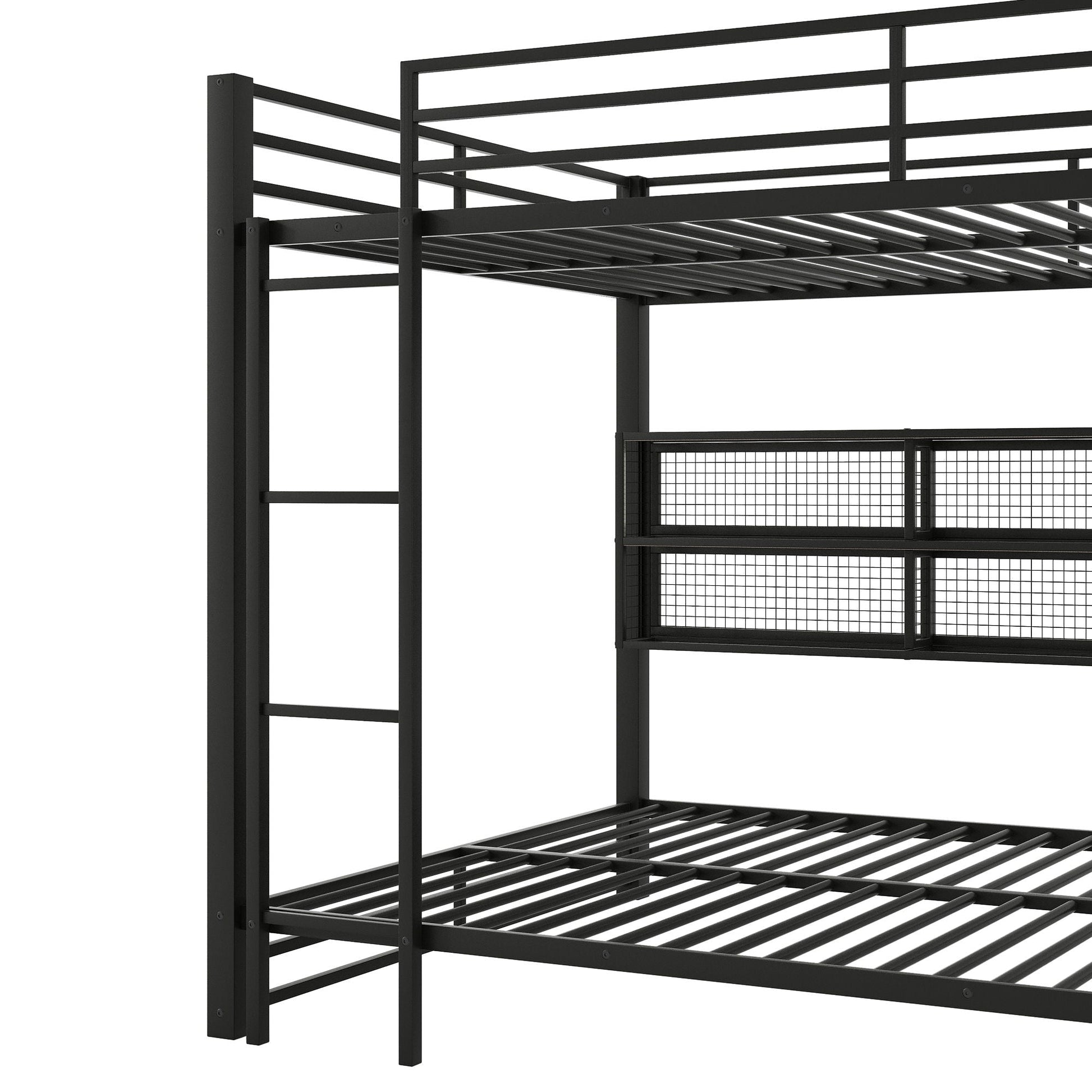 Queen over Queen bunk bed in black metal with ladder, guard rails, six mesh-front storage cabinets on Tampa Home & Garden Store