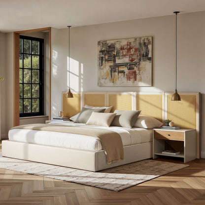 Capri Extended Headboard Cane Platform Bed Antique; beige upholstered frame with cane panels on Tampa Home & Garden Store