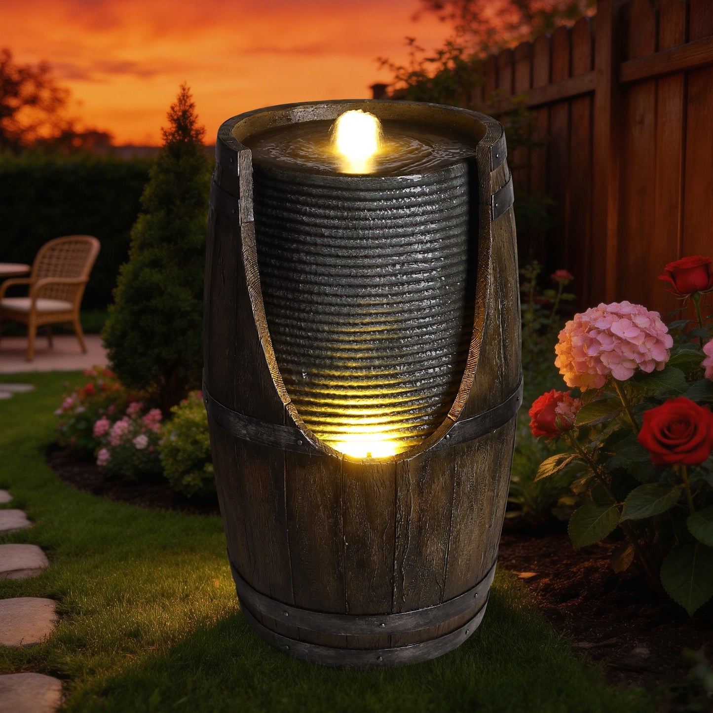 Wooden barrel fountain with warm LED lights, dark wood and metal bands, water feature on Tampa Home & Garden Store