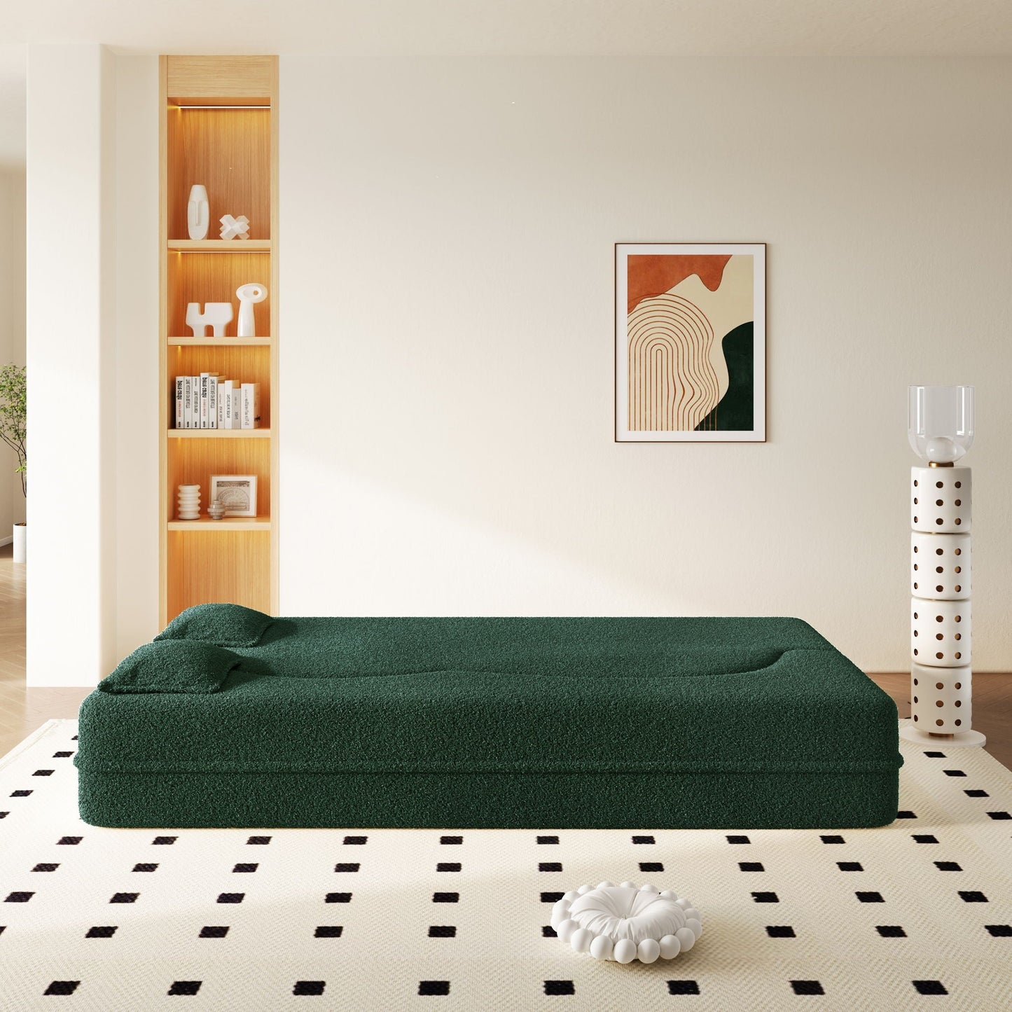 Modern Floor Sleeper Sofa Bed And Two Pillows