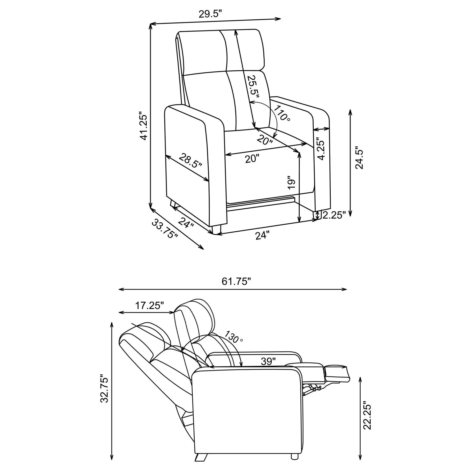Push Back Recliner - Black by Unique Piece Furniture, schematic of a black reclining chair on Tampa Home & Garden Store