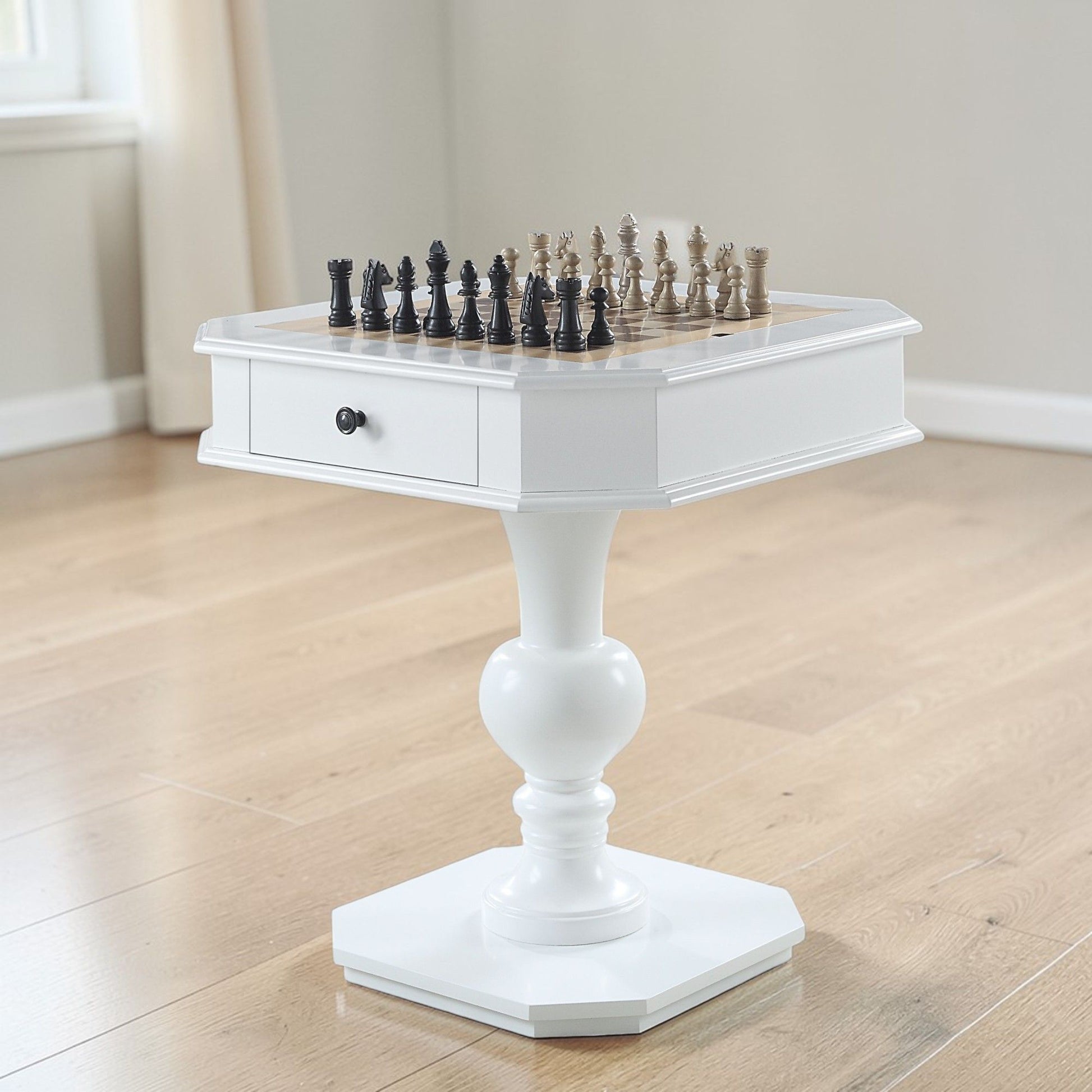 Galini Game Table with chessboard top and chessmen; white finish on Tampa Home & Garden Store