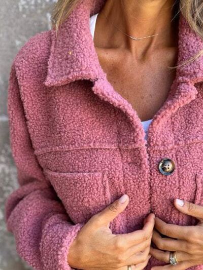 Stevvex fuzzy button-up women's jacket with drop shoulders and front pockets in pink on Tampa Home & Garden Store
