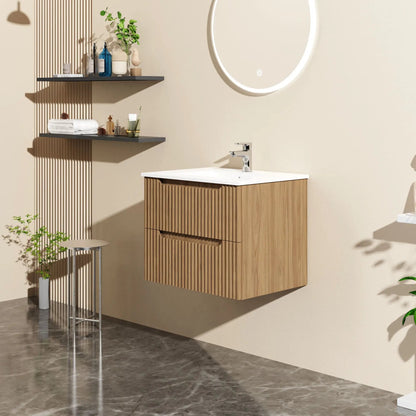 24in walnut wall-mount vanity cabinet with vertical grooves and white sink, floating on Tampa Home & Garden Store