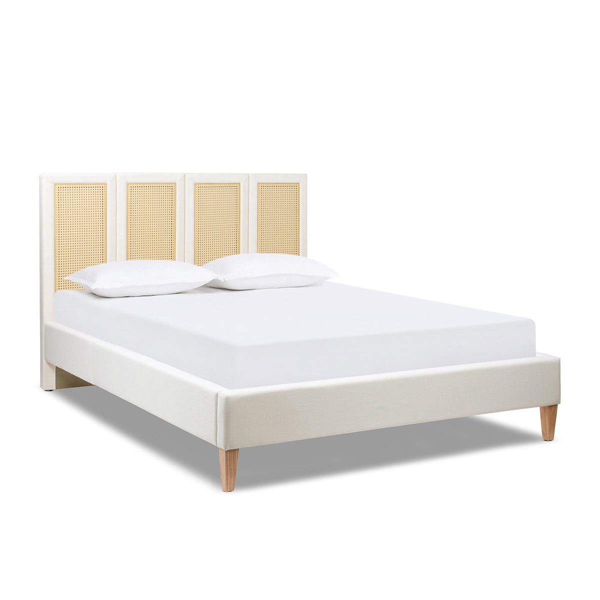 Toscana Queen Upholstered Cane-Back Platform Bed in cream fabric with cane headboard panels on Tampa Home & Garden Store