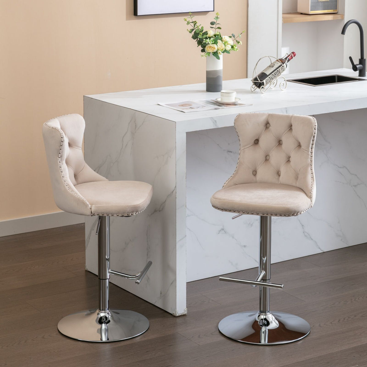 Beige tufted swivel barstools with chrome pedestal bases, height-adjustable, set of 2 on Tampa Home & Garden Store