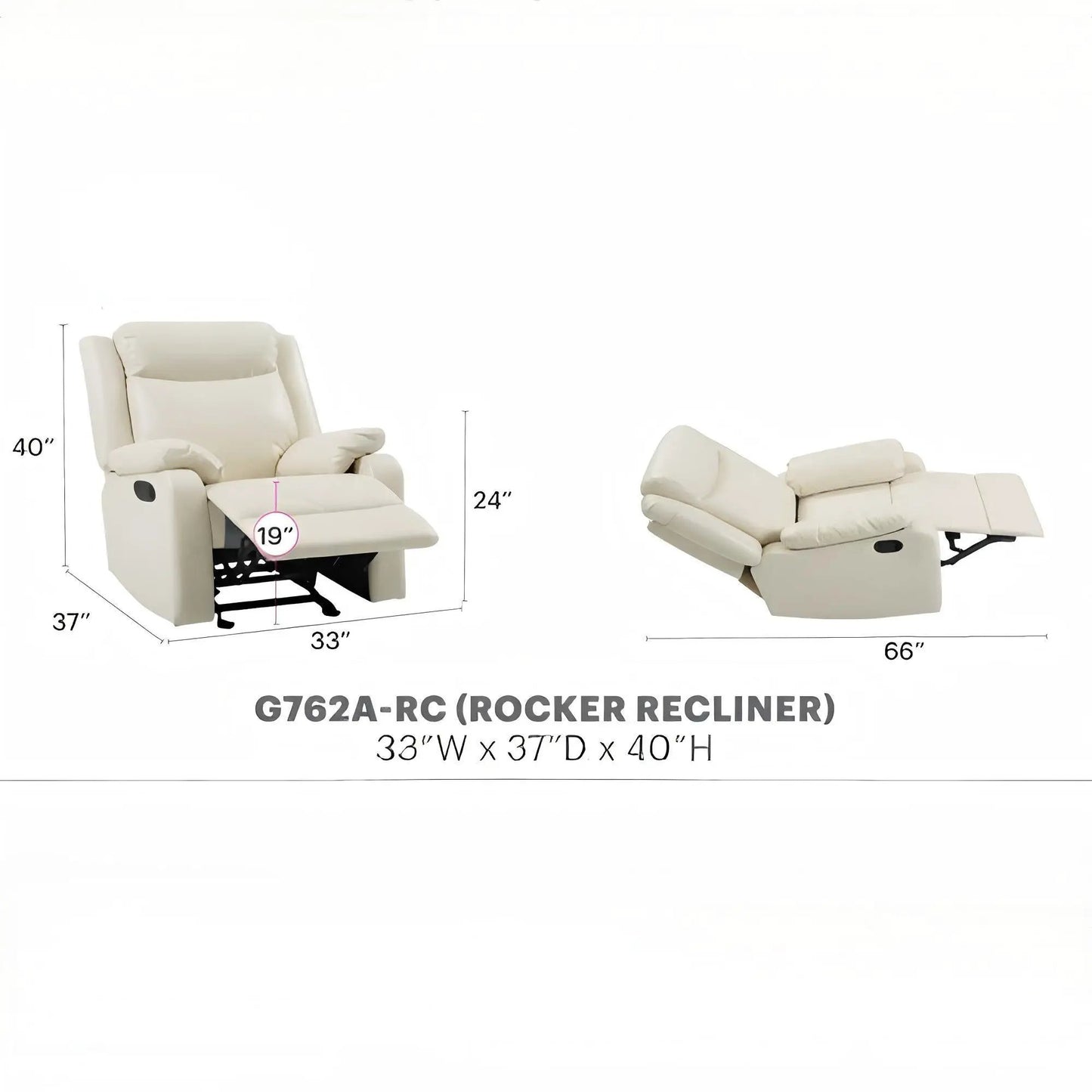 Ward Rocker Recliner cream leather by Unique Piece Furniture reclined, 2 chairs on Tampa Home & Garden Store