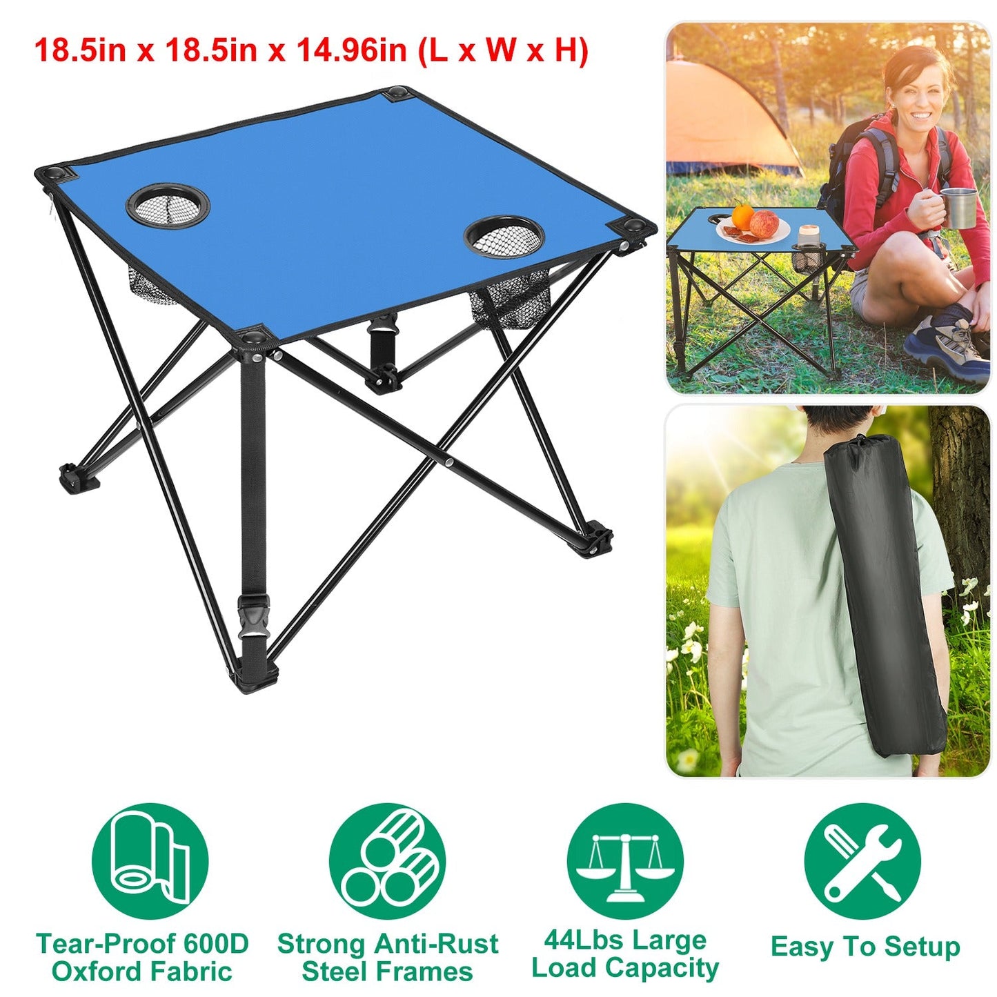 GemGear blue foldable camping table with 2 cup holders and carrying bag on Tampa Home & Garden Store