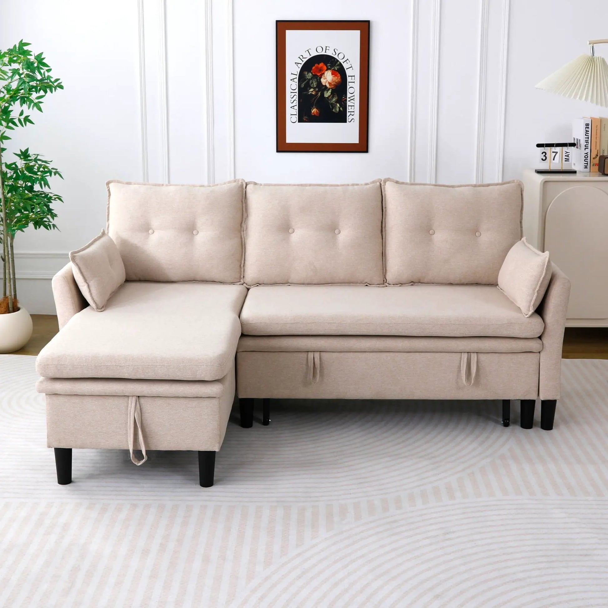 Beige L-shaped reversible chaise sleeper sectional with storage tufted cushions black legs on Tampa Home & Garden Store