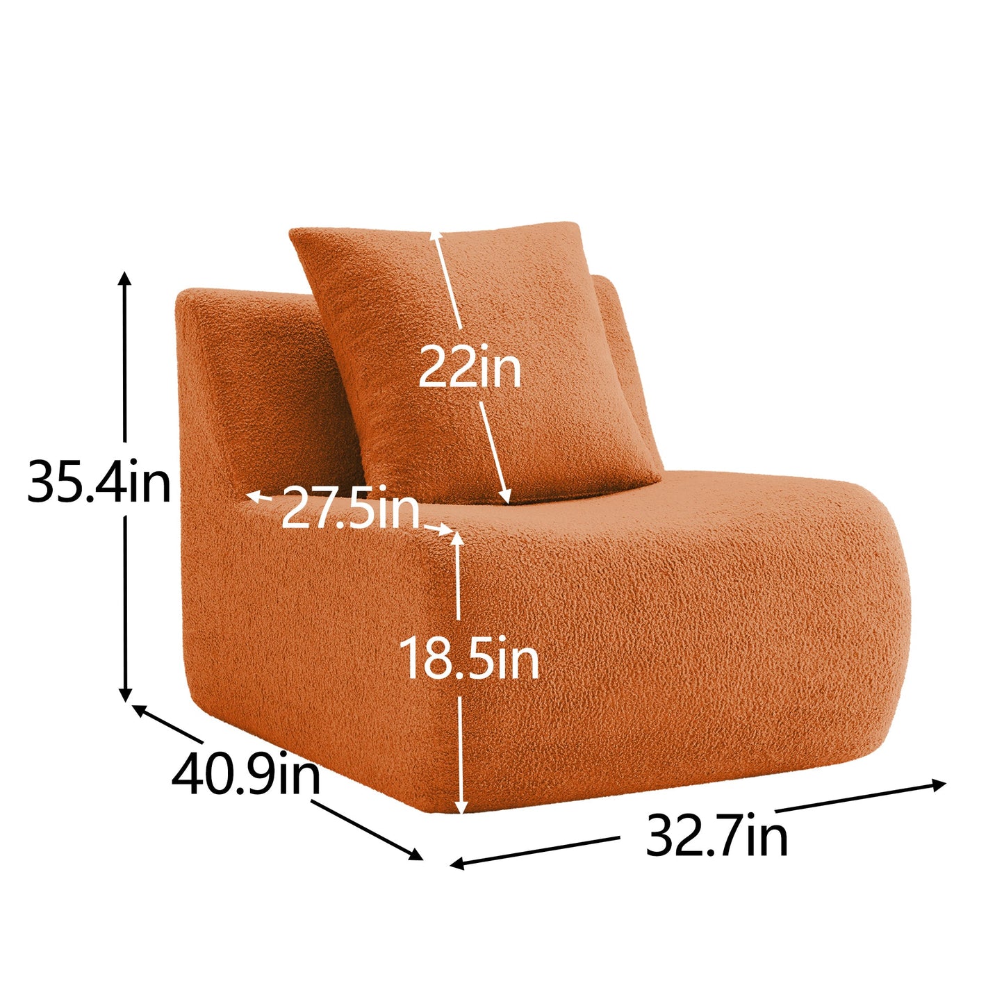 Orange Teddy Fabric Armless Sofa and Pillow Cushions