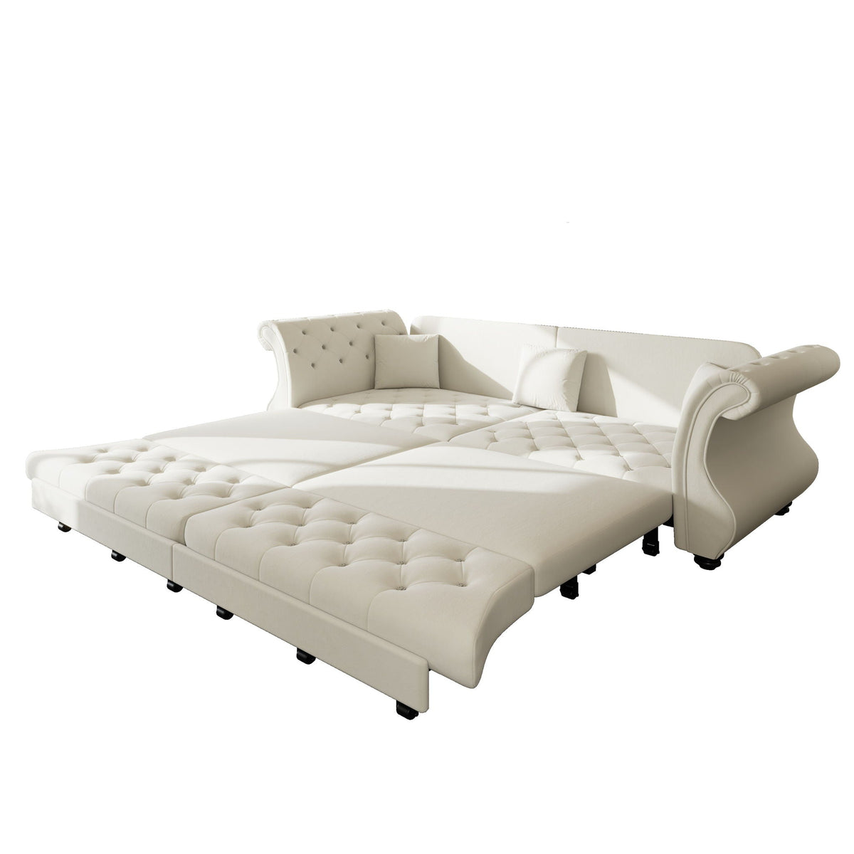 Oversized Chesterfield pull-out sofa bed with roll-arm cream flower tufting upholstery on Tampa Home & Garden Store