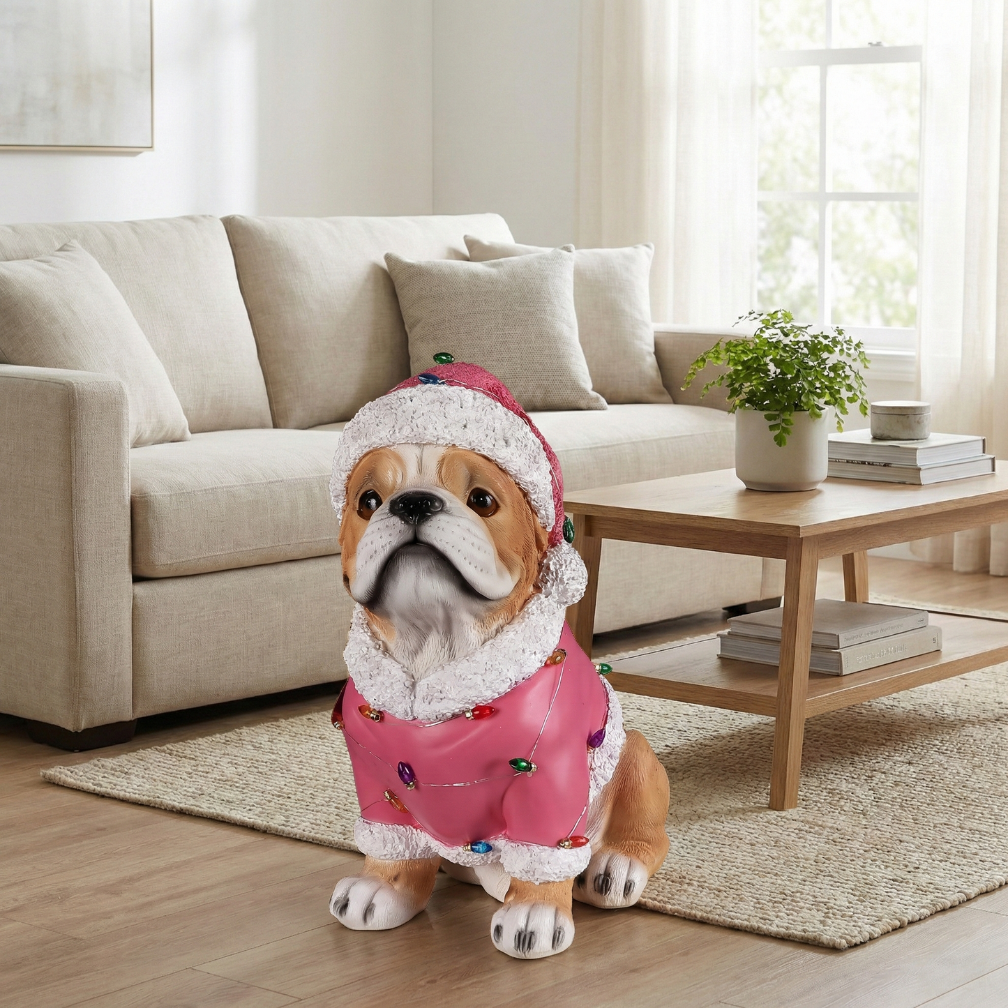 Christmas Pug Statue by HouseOfZazla in a pink festive dress with white lace on Tampa Home & Garden Store