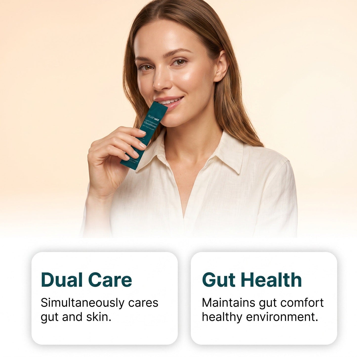 Dietary supplement sachet (teal) by Perfecsy held by a smiling woman in a white shirt on Tampa Home & Garden Store