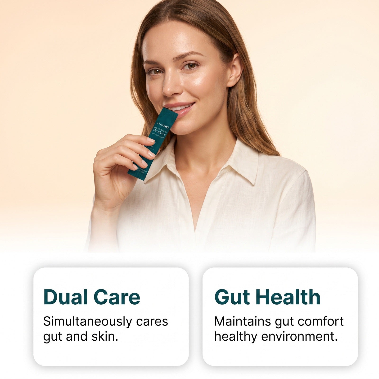 Dietary supplement sachet (teal) by Perfecsy held by a smiling woman in a white shirt on Tampa Home & Garden Store