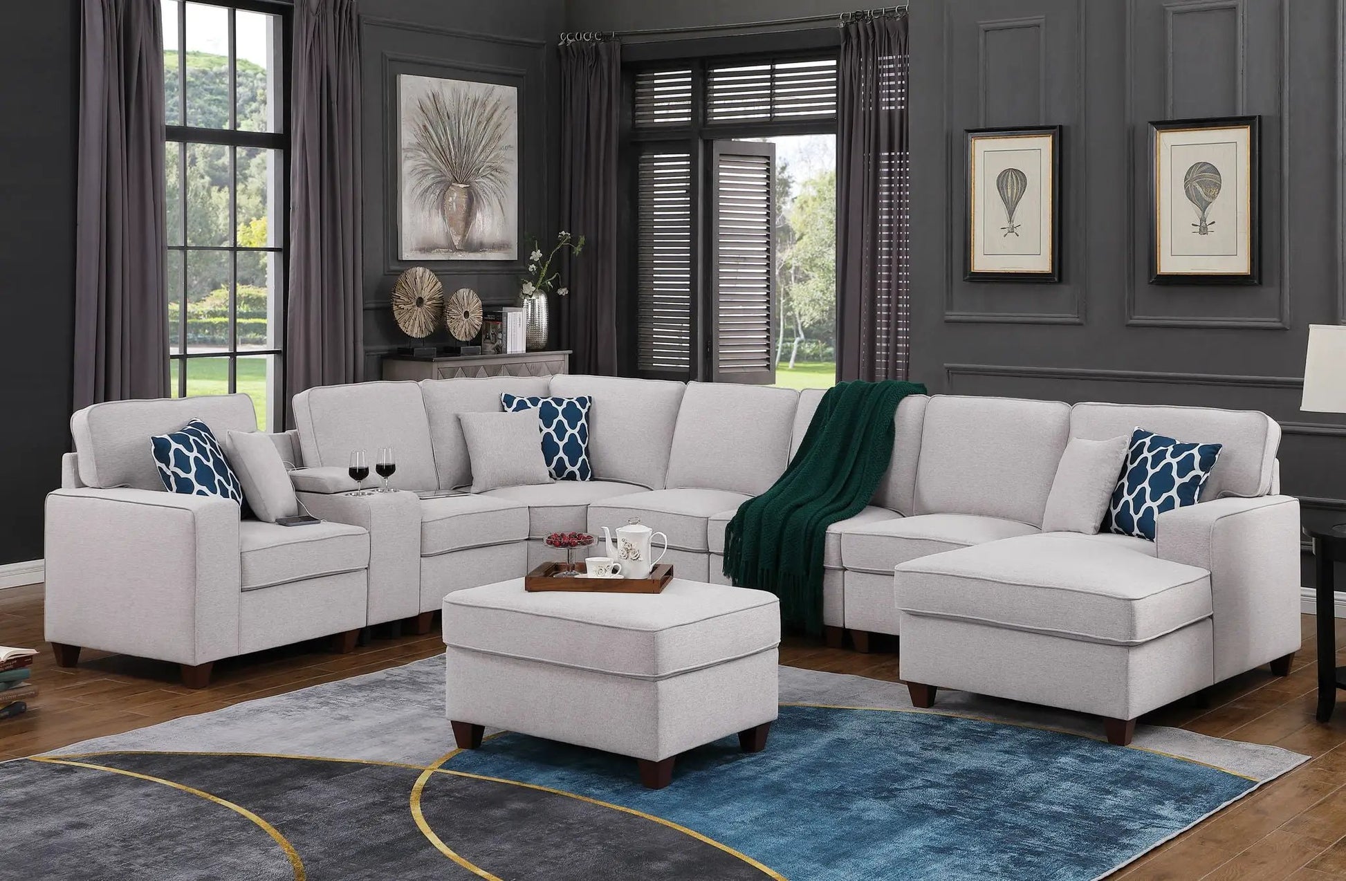 Eric 9 Piece Upholstered Sectional With Ottoman in light gray by Unique Piece Furniture on Tampa Home & Garden Store