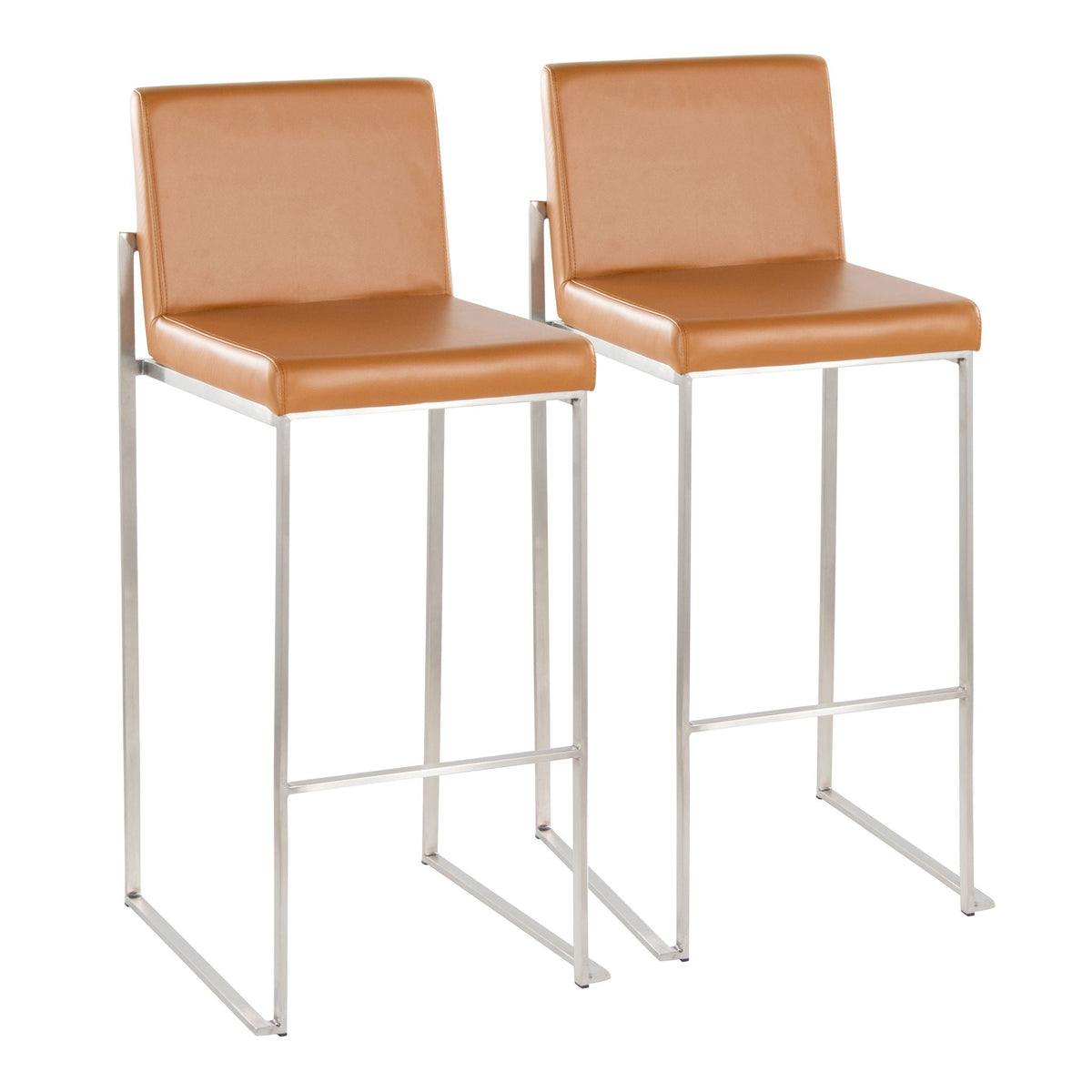 Contemporary high-back barstool set with tan upholstered seats and metal frames, 2 stools on Tampa Home & Garden Store