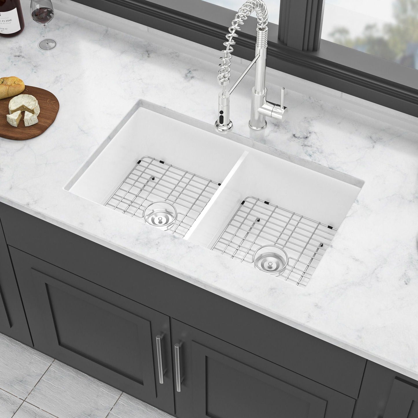 White Double Bowl Ceramic and Dual Kitchen Sink