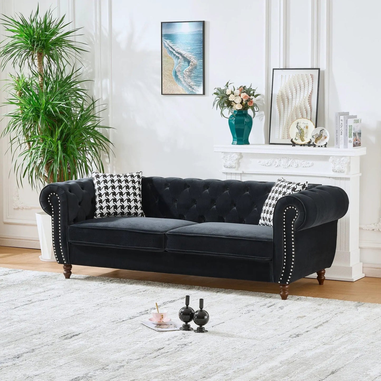Chesterfield Upholstery Sofa with rolled arms and nailhead trim in black fabric, stationary sofa on Tampa Home & Garden Store