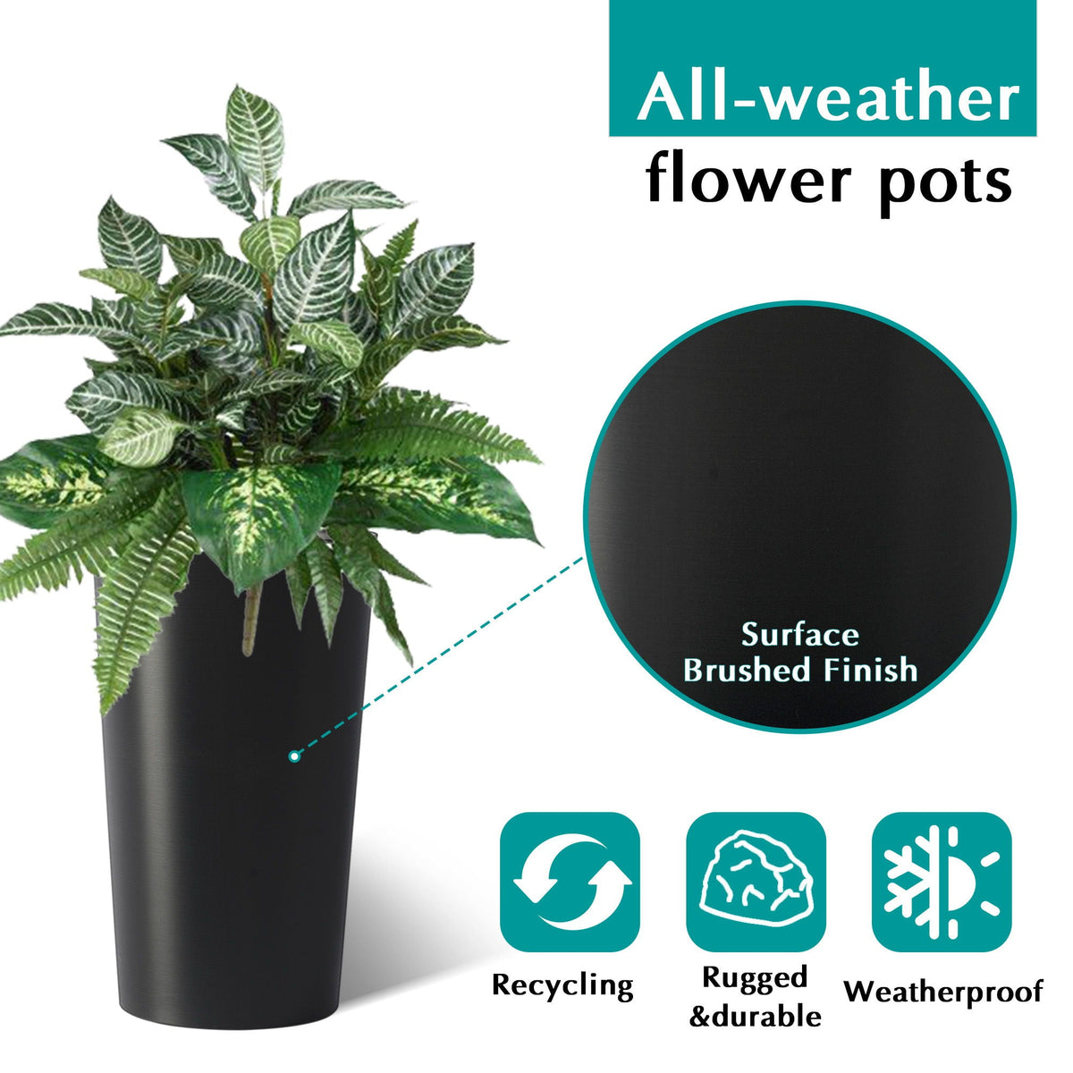 Planter For Outdoor black cylindrical planter with lush green foliage all-weather finish on Tampa Home & Garden Store