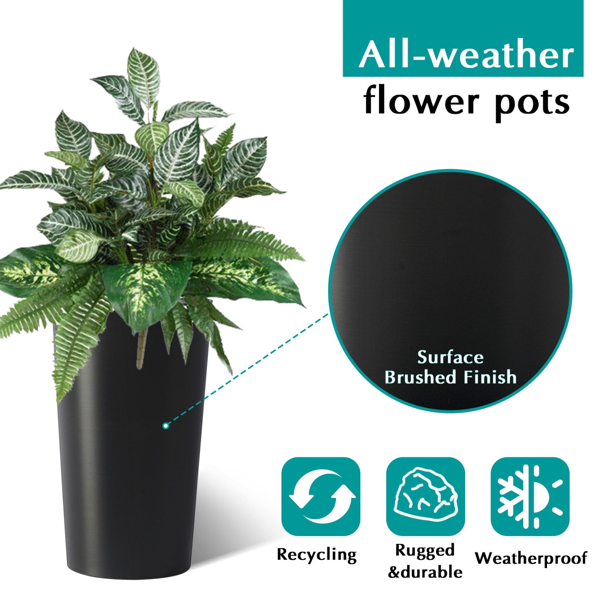 Planter For Outdoor black cylindrical planter with lush green foliage all-weather finish on Tampa Home & Garden Store