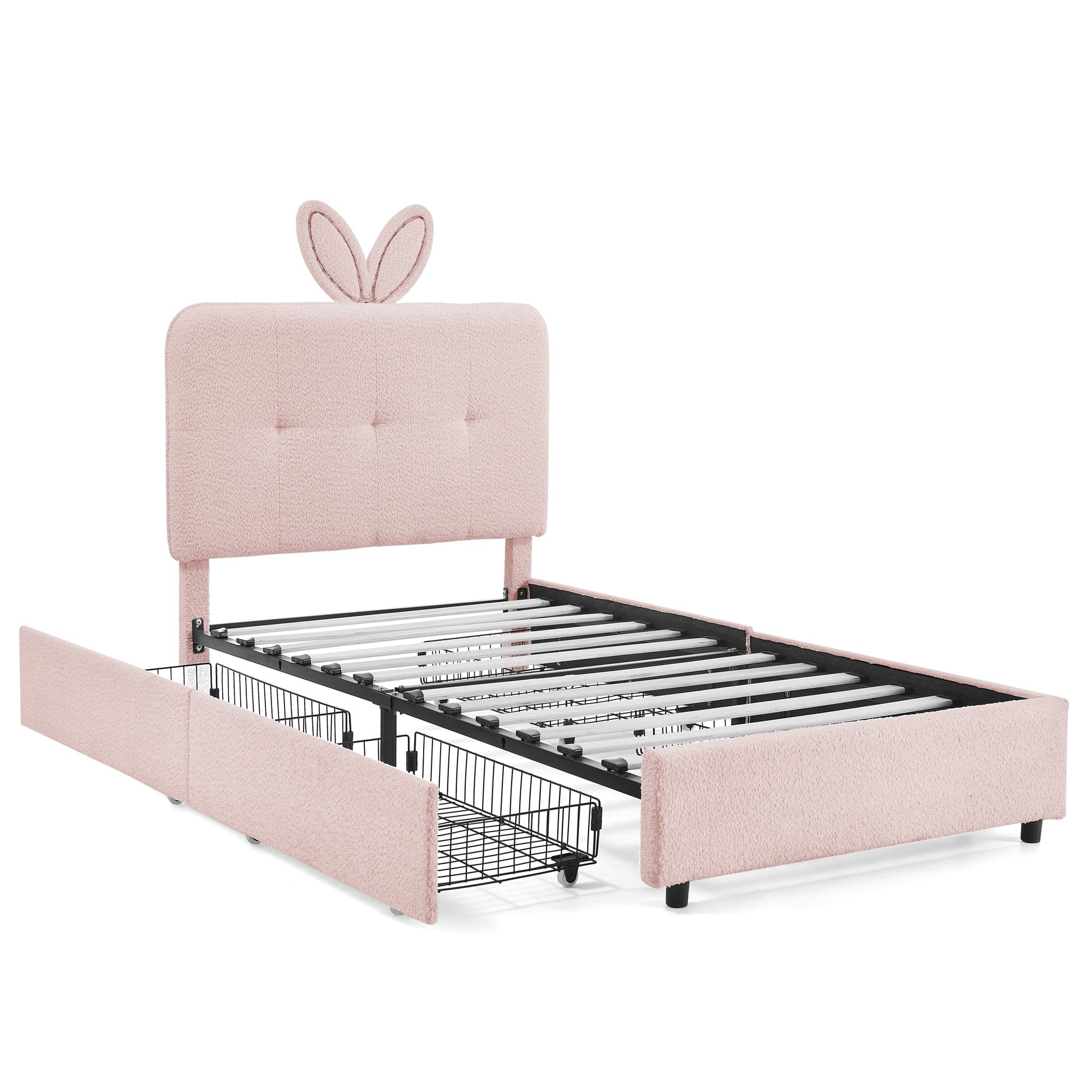 Twin size kids upholstered bed with oversized rabbit ear headboard in blush pink fabric on Tampa Home & Garden Store